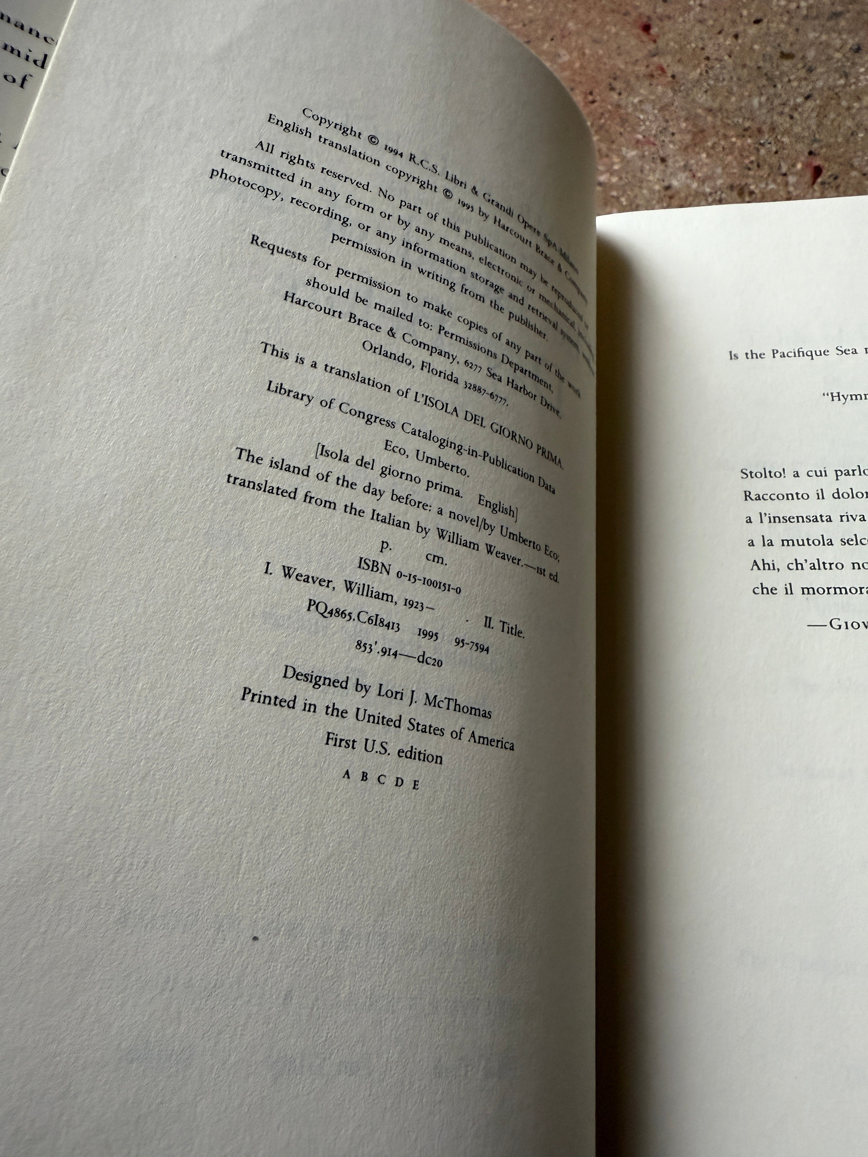 The Island of the Day Before by Umberto Eco (1st Printing Harcourt Hardcover)