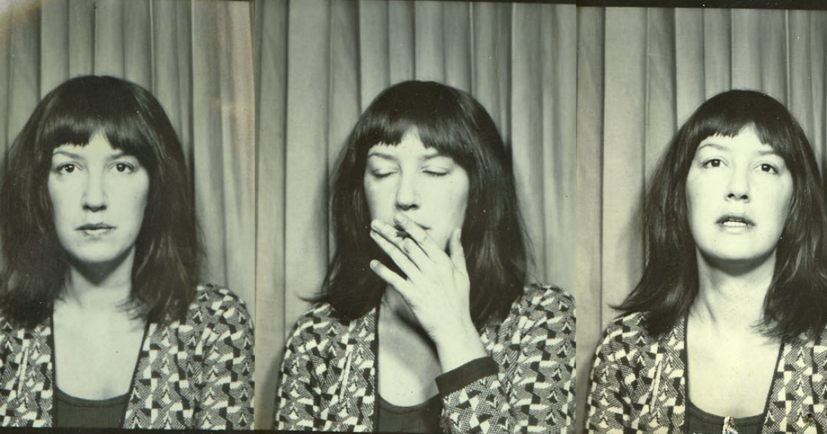 Eve Babitz photo strip, showing a young Eve Babitz alternately smoking and looking into the camera