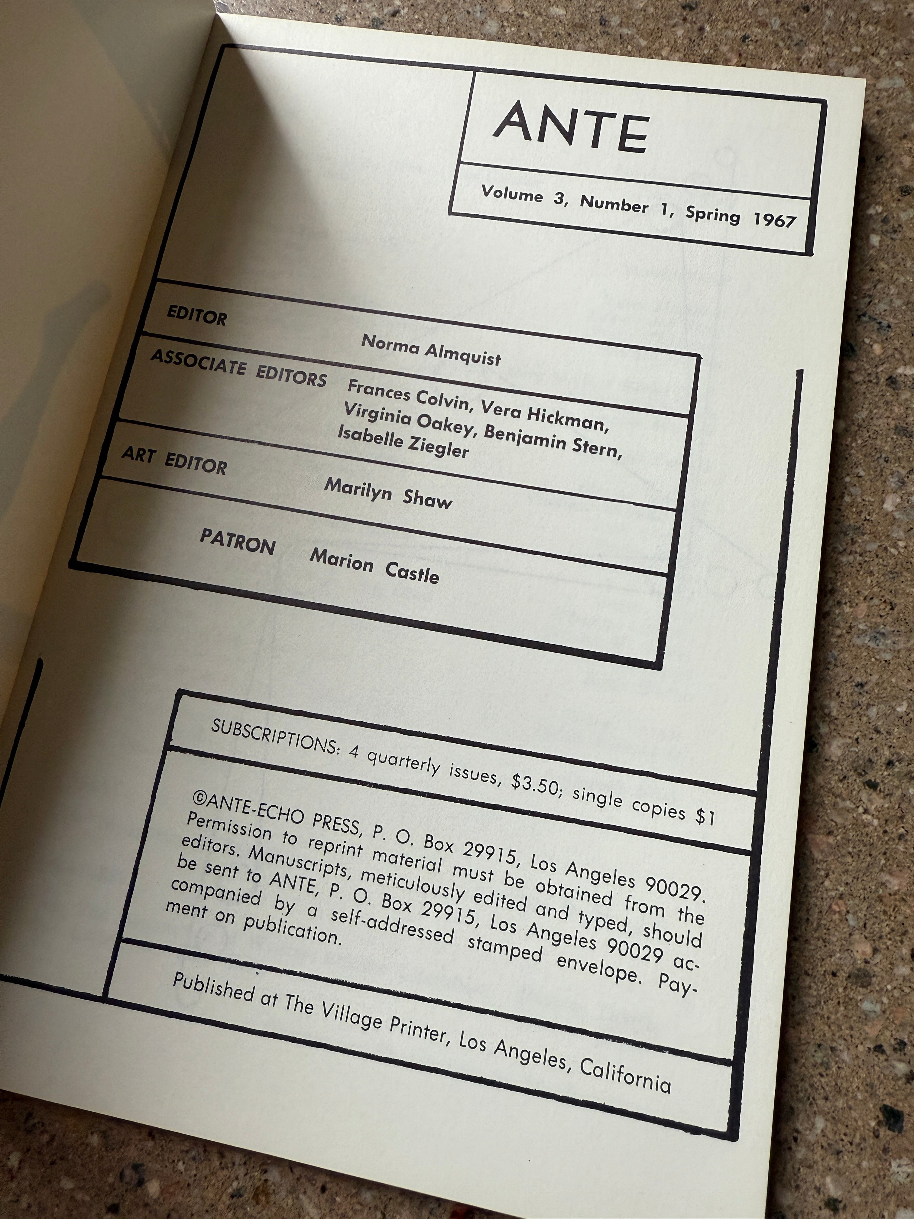 Ante: Volume 3, Number 1, Spring 1967 edited by Norma Almquist
