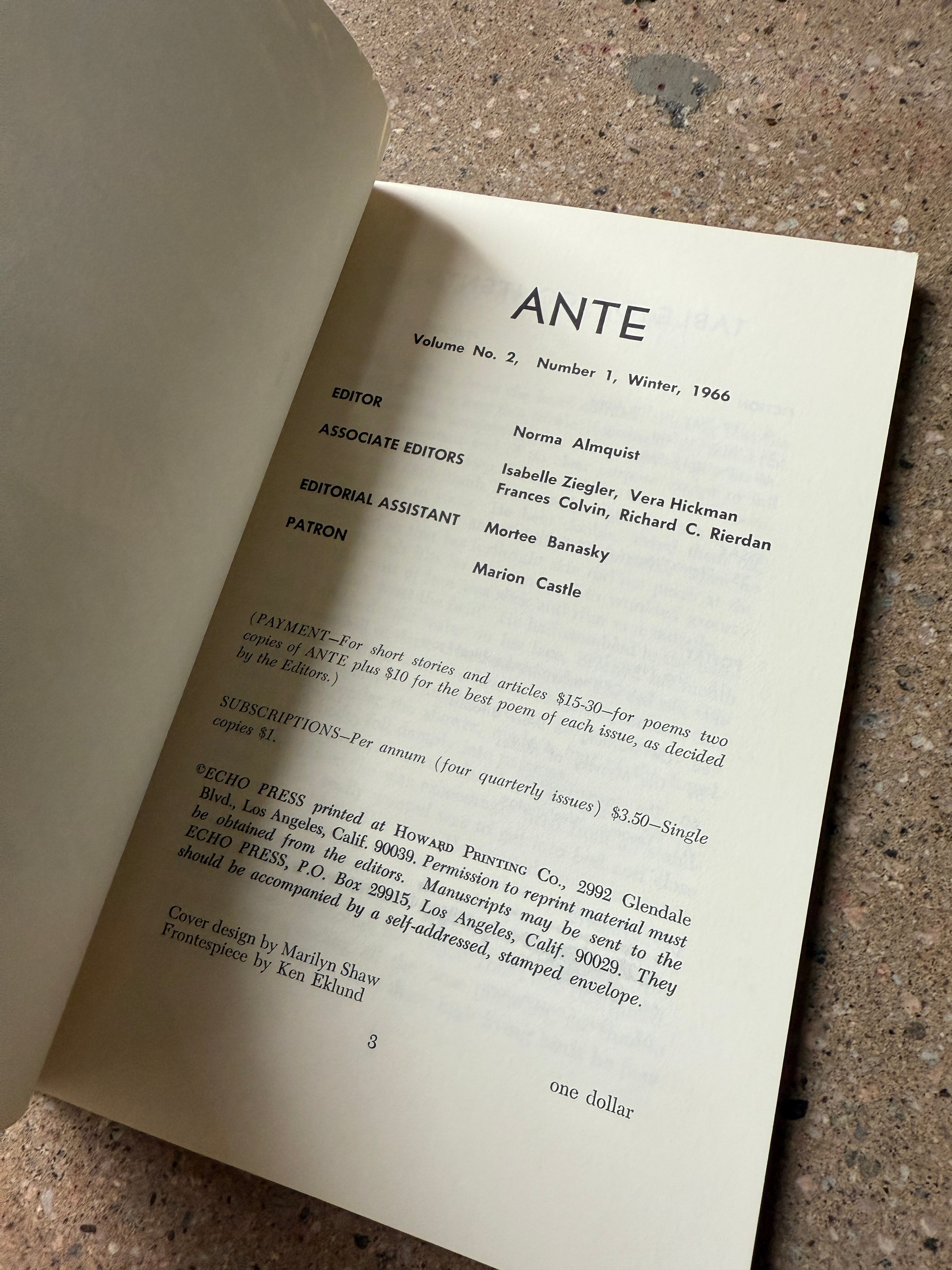 Ante: Volume 2, Number 1, Winter 1966 edited by Norma Almquist