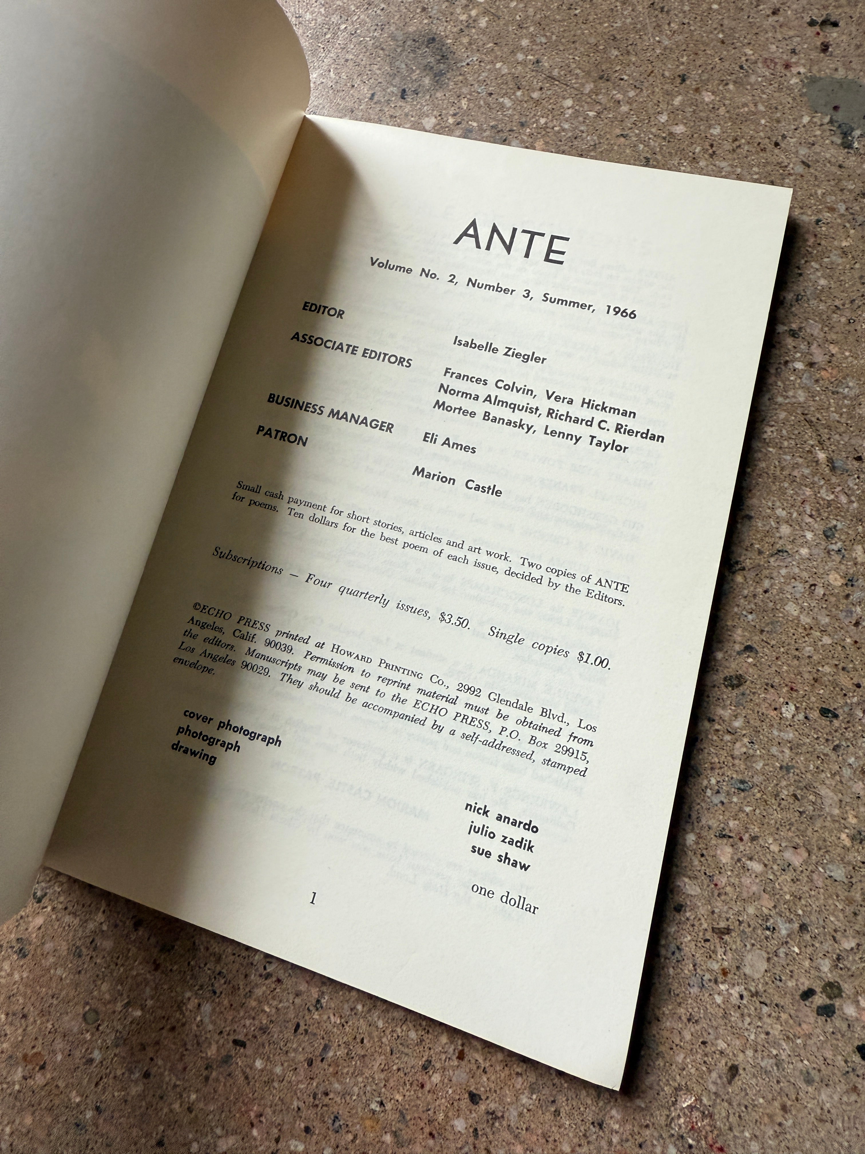 Ante: Volume 2, Number 3, Summer 1966 edited by Isabelle Ziegler