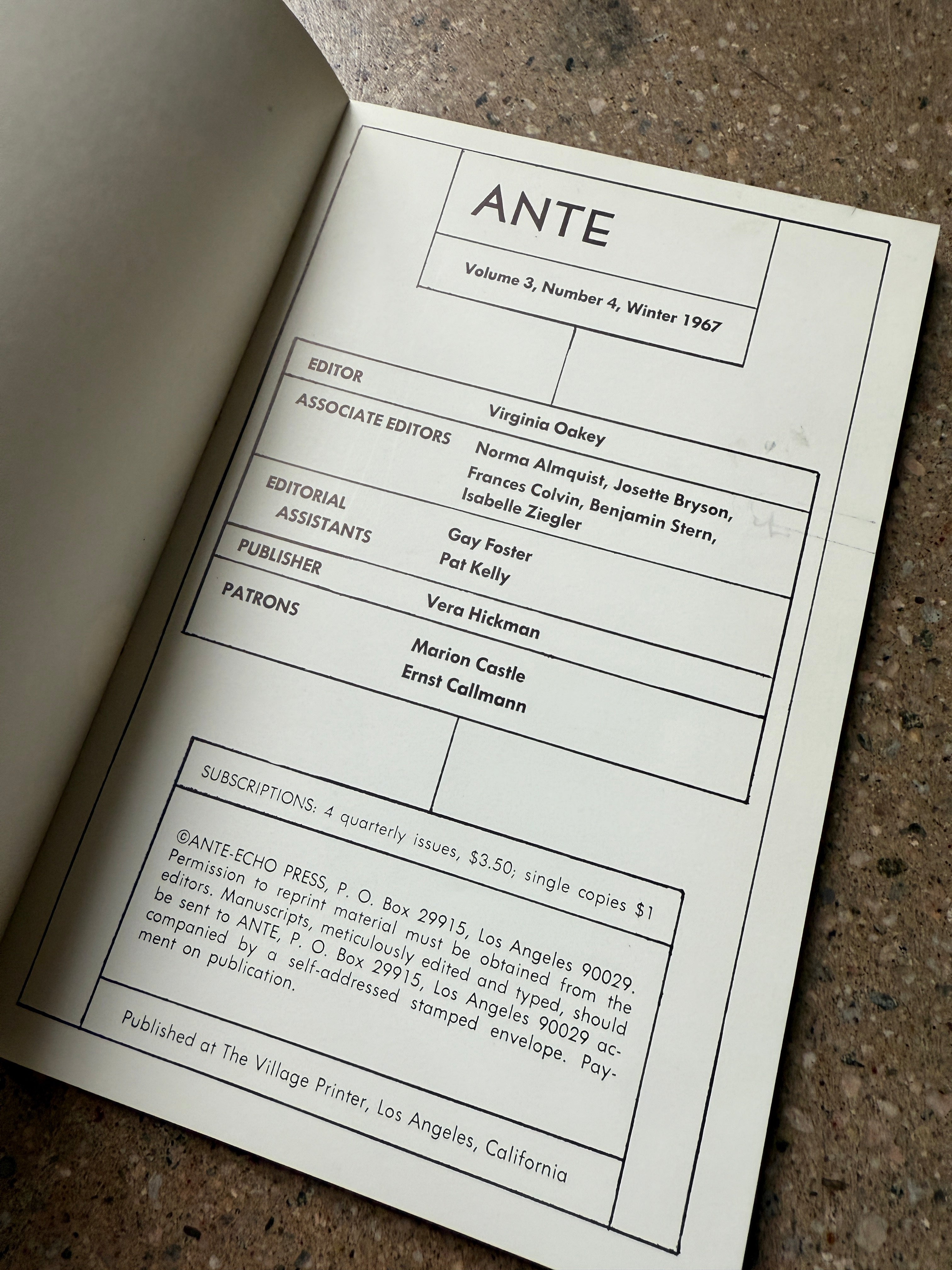 Ante: Volume 3, Number 4, Winter 1967 edited by Virginia Oakey