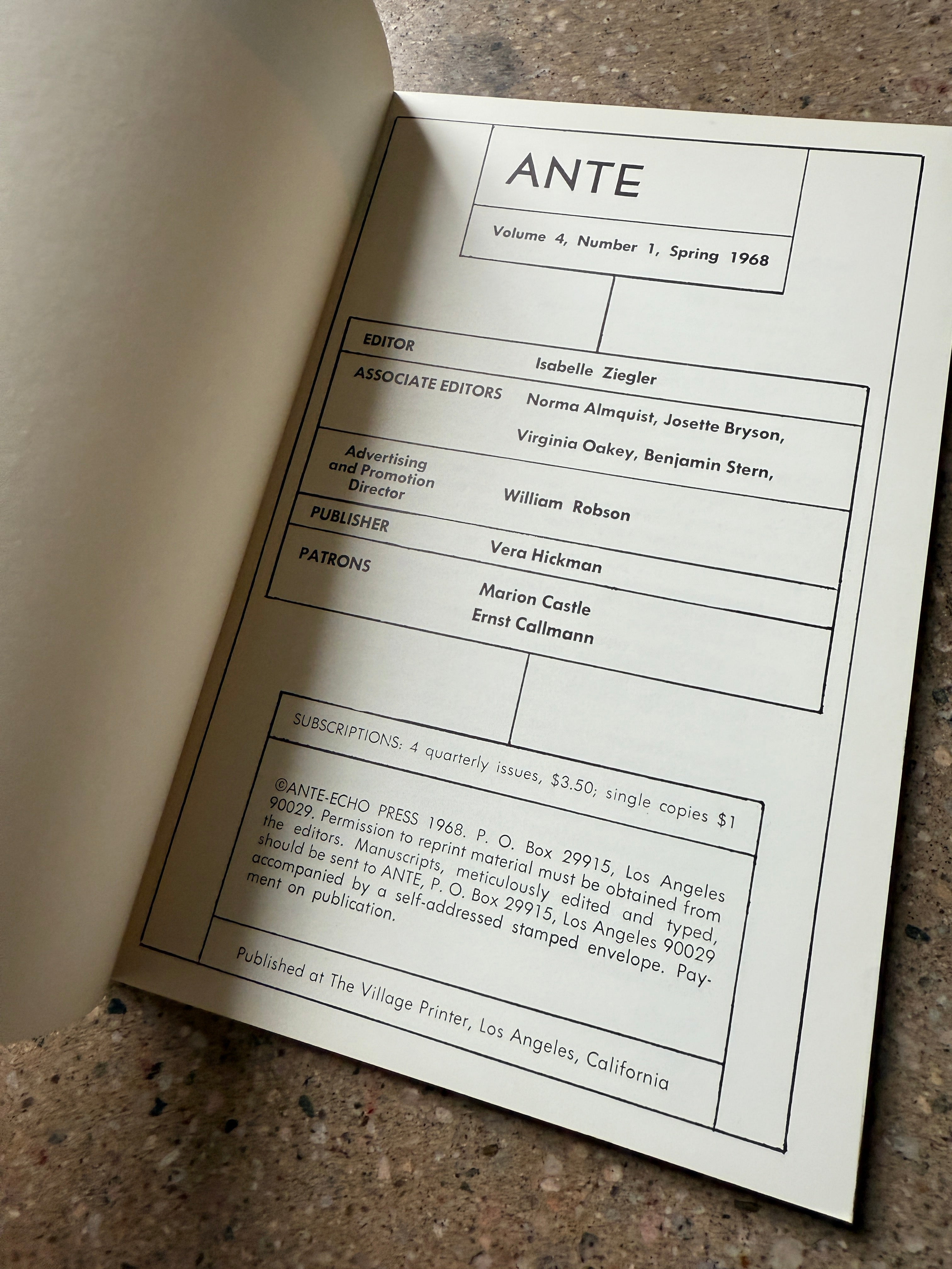 Ante: Volume 4, Number 1, Spring 1968 edited by Isabelle Ziegler